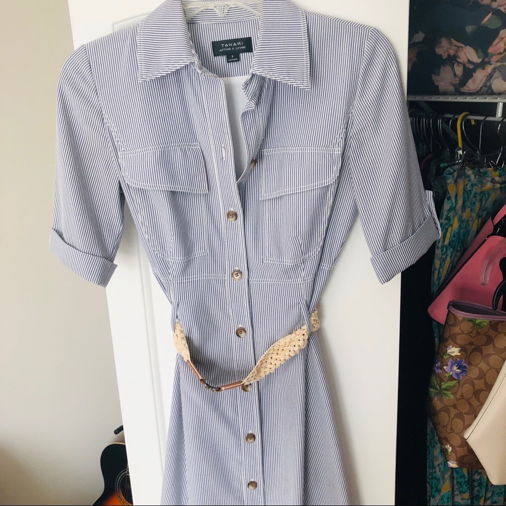 Tahari Midi Collared Shirt Dress Blue Pinstripes